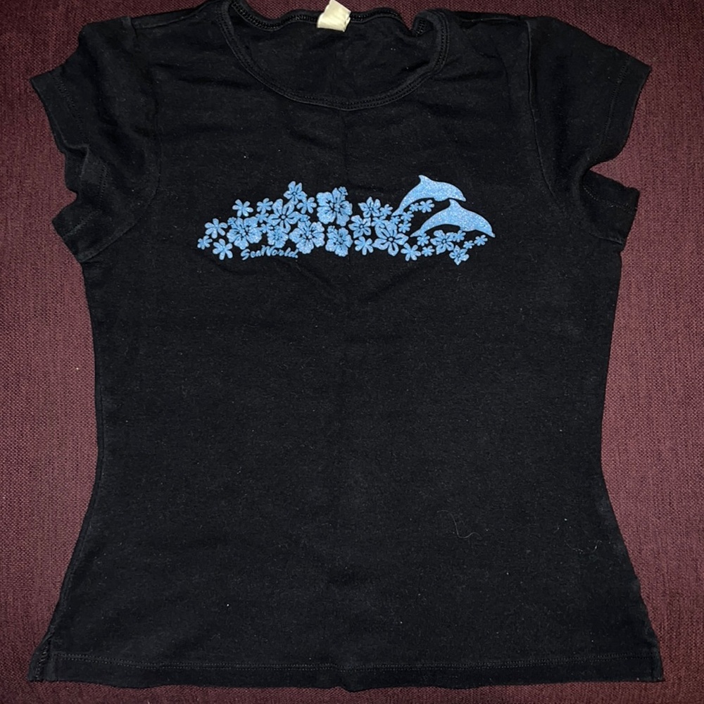 Y2K Sea World Baby Tee Black w/ Blue glitter design Size Large
